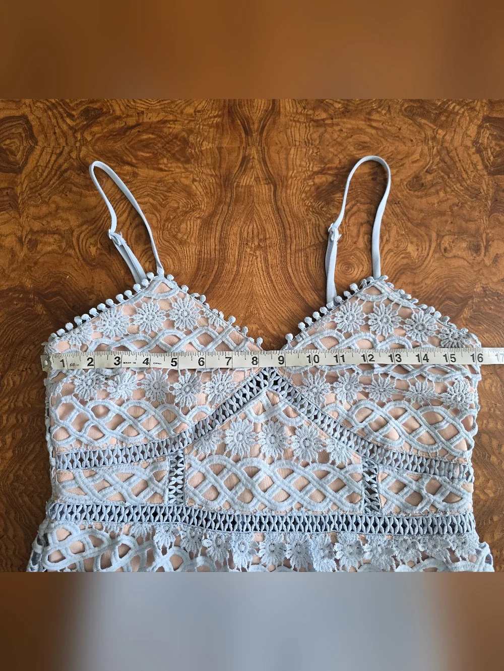 Just Me Light Blue Floral Crochet Lace Mini Dress Womens size Large - Picture 7 of 9